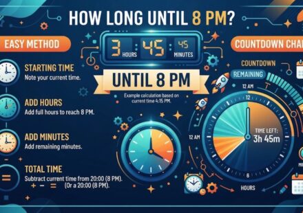 How Long Until 8pm? Quick Answer, Easy Method & Countdown ChartYou look at the clock and wonder how long until 8pm. Maybe dinner, a show, or a game is waiting. The answer changes every minute, so a simple method helps a lot.This guide gives you a quick formula and easy countdown charts. You will see how to count the time left in a few steps. Real examples make the method clear and simple.You will also learn how to avoid the AM and PM mix up. In just a few seconds, you can find the exact time left. Use it for events, work, travel, or daily plans. Quick Answer: How Long Until 8pm? Answer Block: To find how long until 8pm, subtract the current time from 8:00 PM, which is 20:00 on a 24-hour clock. For example, at 5:00 PM the wait is exactly 3 hours. If 8pm has already passed today, count forward to 8pm tomorrow. I can't see your clock, so I can't name your exact countdown. But the charts below cover most starting times. Find your current time in the left column and read across. At-a-Glance Summary Detail Value Target time 8:00 PM (20:00) 8pm in minutes after midnight 1,200 minutes Hours from midnight to 8pm 20 hours Hours from 8pm to midnight 4 hours Gap between 8am and 8pm 12 hours Fastest method Subtract current time from 20:00 Table of Contents Summary Here is what you will find in this guide: A quick countdown chart for common start times A final stretch chart for the last hour What to do if 8pm already passed A step-by-step subtraction method Mental math shortcuts 12-hour vs 24-hour clock differences Time zones and daylight saving Common mistakes and do's and don'ts FAQs and a final takeaway Countdown Chart: How Long Until 8pm? Let's start with the big picture. The chart below shows the time remaining from common starting points across the day. Morning and Afternoon Starts Current Time Time Until 8pm Total Minutes 6:00 AM 14 hours 840 8:00 AM 12 hours 720 10:00 AM 10 hours 600 12:00 PM (noon) 8 hours 480 2:00 PM 6 hours 360 4:00 PM 4 hours 240 5:00 PM 3 hours 180 6:00 PM 2 hours 120 7:00 PM 1 hour 60 The Final Stretch Current Time Time Until 8pm 7:15 PM 45 minutes 7:30 PM 30 minutes 7:40 PM 20 minutes 7:50 PM 10 minutes 7:55 PM 5 minutes 7:59 PM 1 minute Notice the pattern. Once you pass 7:00 PM, the answer is just 60 minus the current minutes. At 7:20, that means 40 minutes left. What If 8pm Already Passed? Then you are counting to tomorrow's 8pm. The trick is simple. Find the time left until midnight, then add 20 hours. Another way is to count how far past 8pm you are, then subtract that from 24 hours. Both methods give the same result. Current Time Time Until Next 8pm 8:30 PM 23 hours 30 minutes 9:00 PM 23 hours 10:00 PM 22 hours 11:00 PM 21 hours 12:00 AM (midnight) 20 hours 2:00 AM 18 hours 5:00 AM 15 hours Step-by-Step Method to Calculate Time Until 8pm You do not need a calculator. Follow these steps and you will get the right answer every time. Convert 8pm to 24-hour time. 8pm becomes 20:00. Convert the current time. 3:25 PM becomes 15:25. Subtract minutes first. If the minutes are too small, borrow 60 from the hours. Subtract the hours. Then combine both results. Worked Examples Example 1: Clean hours. It is 2:00 PM. You want 8pm. 20:00 minus 14:00 = 6 hours. Answer: 6 hours. Example 2: Borrowing minutes. It is 3:25 PM. You want 8pm. Minutes: 0 is smaller than 25, so borrow an hour. That makes 60 minus 25 = 35 minutes. Hours: 20 minus 1 (borrowed) minus 15 = 4 hours. Answer: 4 hours 35 minutes. Check it: 3:25 PM plus 4:35 lands on 8:00 PM. Example 3: Morning start. It is 9:40 AM. You want 8pm. Minutes: borrow an hour, so 60 minus 40 = 20 minutes. Hours: 20 minus 1 minus 9 = 10 hours. Answer: 10 hours 20 minutes. Step-by-Step Breakdown Table Step Action Example (3:25 PM to 8pm) 1 Convert target to 24-hour time 20:00 2 Convert current time 15:25 3 Borrow an hour for minutes 60 minus 25 = 35 min 4 Subtract hours 19 minus 15 = 4 hours 5 Combine 4 hours 35 minutes Mental Math Shortcuts Speed helps when you are in a hurry. These tricks work well in your head. Hop to the next hour. From 3:25 PM, you need 35 minutes to reach 4:00 PM. Then count 4 more hours to 8:00 PM. Total: 4 hours 35 minutes. Use the "8 minus" rule. For any PM time, subtract the hour from 8. At 5 PM, that is 3 hours. Then handle the minutes. Think in minutes. When the gap is small, minutes are easier. Say "35 minutes" instead of "0.58 hours." The "8 minus" rule is my favorite. It is 4:30 PM. Eight minus 4 is 4 hours, but you are 30 minutes past the hour, so take away 30 minutes. That gives 3 hours 30 minutes. 12-Hour vs 24-Hour Clock: Why It Matters Confusion often starts with the clock format. A 12-hour clock repeats the numbers 1 to 12 twice a day. A 24-hour clock (also called military time) never repeats. The 24-hour style removes the AM and PM guesswork. That is why airlines, hospitals, and train schedules prefer it. Format Comparison Term 12-Hour Format 24-Hour Format Evening 8 o'clock 8:00 PM 20:00 Morning 8 o'clock 8:00 AM 08:00 Typical use Daily life, phones Transport, medicine, military AM/PM needed? Yes No Risk of mix-up Higher Lower Real-Life Situations Where This Question Comes Up People ask this for very practical reasons. Here are the most common ones. Dinner and events: A reservation, party, or concert starts at 8pm and you need to plan your travel. Sports and shows: A game kickoff or a TV premiere is set for 8pm. Work and school: A shift ends, an online class begins, or a deadline hits at 8pm. Health: A medicine dose or a timed treatment is due at 8pm. Store hours and cutoffs: A shop closes or an order deadline passes at 8pm. Related Terms Worth Knowing Term Simple Meaning Elapsed time How much time has passed between two moments Time difference The gap between two clock times Countdown timer A tool that counts down to a set time Time zone A region that shares the same standard time UTC The global time standard used to compare zones Daylight saving time A seasonal clock shift, usually by one hour Time Zones and Daylight Saving: The Hidden Trap Your answer depends on your local clock. If a live stream or webinar starts at 8pm, ask which time zone it uses. The same event can be 8pm Eastern, 5pm Pacific, or 1am UTC the next day. Daylight saving time can also change the count. On the night clocks "spring forward," an overnight wait can shrink by one hour. On the night they "fall back," it can grow by one hour. Most of the year this will not matter. But on clock-change days, double check with your phone. Quick Time Zone Conversion If It Is 8pm In Then It Is (Standard Time) New York (ET) 5:00 PM in Los Angeles (PT) New York (ET) 1:00 AM next day in London (GMT) London (GMT) 3:00 PM in New York (ET) UTC 1:00 AM next day in Karachi (PKT) Daylight saving can shift these gaps by an hour, so verify before you plan around them. Fastest Ways to Get a Live Answer Doing the math is great. But a device can confirm it in seconds. Voice assistant: Say, "Set a timer until 8pm" or "Remind me at 8pm." Phone alarm: Set an alarm for 8:00 PM. Most phones show how long until it rings. Clock app: Use the timer or world clock feature for other time zones. Smartwatch: Ask for a countdown and let it buzz you. The phone alarm trick is underrated. It does the subtraction for you the moment you save the alarm. Common Mistakes and Do's & Don'ts Small slips cause big scheduling problems. Watch out for these. Common Mistakes Mixing up 8am and 8pm, which creates a 12 hour error. Forgetting that an hour has 60 minutes, not 100. Ignoring midnight when counting to tomorrow's 8pm. Forgetting the time zone on shared plans. Assuming 8pm has not passed when it already has. Do's and Don'ts Do Don't Confirm AM or PM before counting Assume 8 always means evening Convert to 24-hour time for long gaps Subtract hours and minutes as decimals Set a phone alarm for important times Rely only on memory Add a 10 to 15 minute buffer for travel Plan to arrive at exactly 8:00 Check the time zone for calls and streams Assume everyone shares your clock Verify on clock-change days Trust mental math during daylight saving shifts A quick example shows the risk. If you say "call me at 8" and your friend means morning while you mean evening, one of you waits half a day. Saying "8pm" or "tonight" clears it up. Frequently Asked Questions How long until 8pm from now? Subtract the current time from 8:00 PM. If it is 5:00 PM, the wait is 3 hours. If it is 7:30 PM, the wait is 30 minutes. How many hours are there from noon to 8pm? There are 8 hours from 12:00 PM to 8:00 PM. That equals 480 minutes. What is 8pm in 24-hour time? It is 20:00. Simply add 12 to the hour. How long from 8am to 8pm? It is exactly 12 hours. The two times sit half a day apart. How many minutes until 8pm if it is 7:00 PM? There are 60 minutes left. That is exactly 1 hour. How do I count down to 8pm on my phone? Set an alarm for 8:00 PM and check how long until it rings. You can also ask your voice assistant to set a timer. Does daylight saving change the wait until 8pm? Only if a clock change happens between now and 8pm. In that case, the gap may grow or shrink by one hour. Conclusion Finding out how long until 8pm is simple once you know the pattern. Convert to 24-hour time, subtract the current time, and borrow an hour if the minutes fall short. Use the charts above for a fast lookup, and lean on the "8 minus" trick for quick mental math. Here is your takeaway. Confirm AM or PM, watch the time zone, and set a phone alarm for anything important. A five second check saves you from a missed dinner, a late show, or a very long wait.