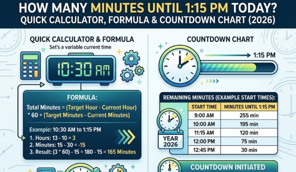 How Many Minutes Until 1:15 PM Today? Quick Calculator, Formula & Countdown Chart (2026)